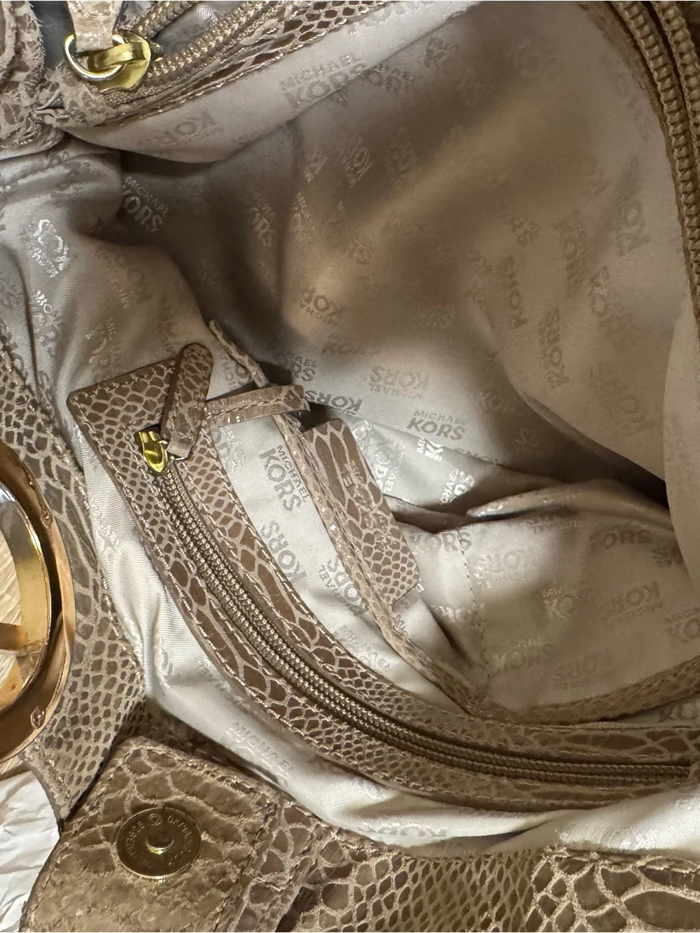 Michael Kors Shiny Taupe Snake-Embossed Shoulder Tote